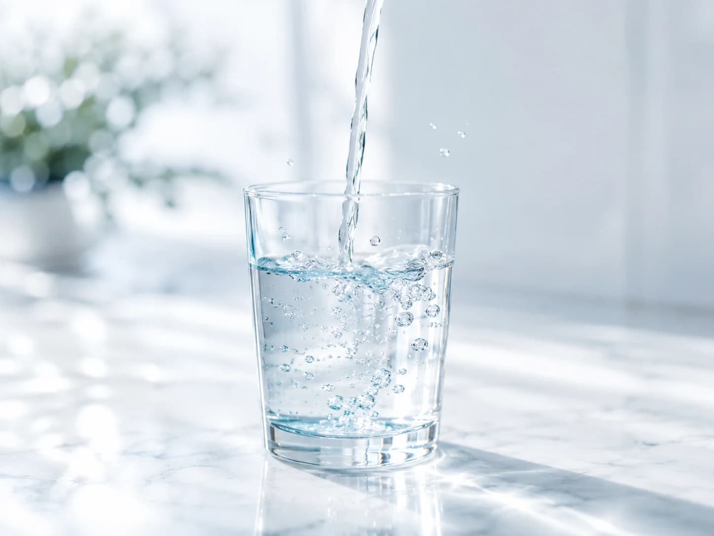 Vaso de agua llenándose en una cocina luminosa