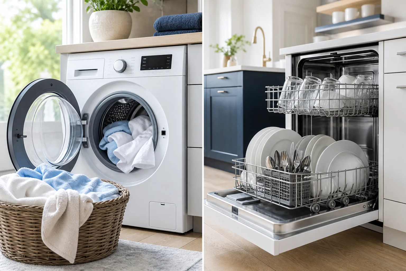 Ropa recién lavada y vajilla limpia en una composición doméstica